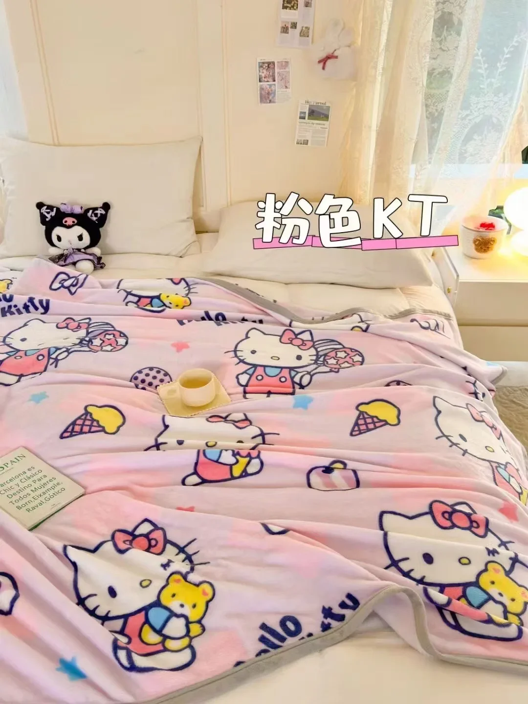 Couverture en peluche Sanurgente Hello Kitty, Kuromi Pochacco, couette mélodieuse, drap de lit épais, housse de voyage portable, cadeau pour enfant, décor de chambre