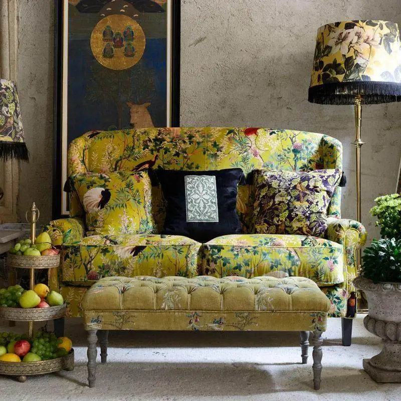 French retro yellow pattern high back chair American country living room small apartment homestay shooting antique tiger chair