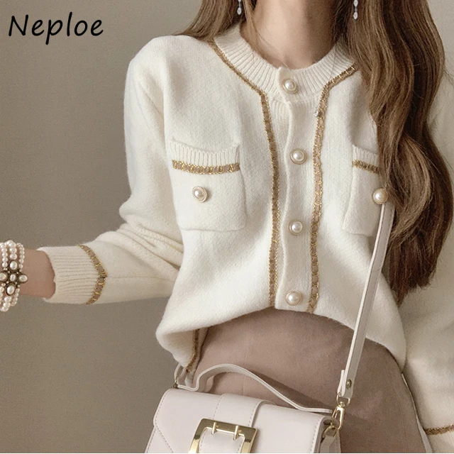 Neploe 2024 Autumn Chic Pearl Button Sweaters Fashion Simple Cardigans Women O-neck Casual All-match Double Pockets Coat 1G715