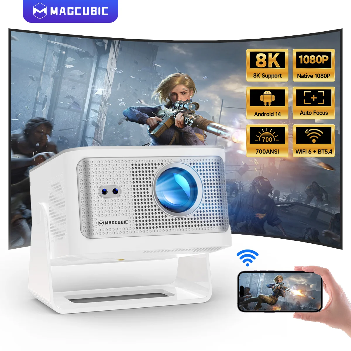 Magcubic HY350Max 900ANSI Android 14 Auto FocusProjector  Support 8K Native 1080P with Wifi6 BT5.4 16G Allwinner H726 Portable