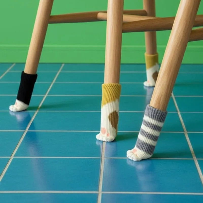 Knitted Chair Leg Socks Silicone Cat Design Table Foot Covers Thickened Anti Slip Floor Protector for Furniture Legs Door Handle