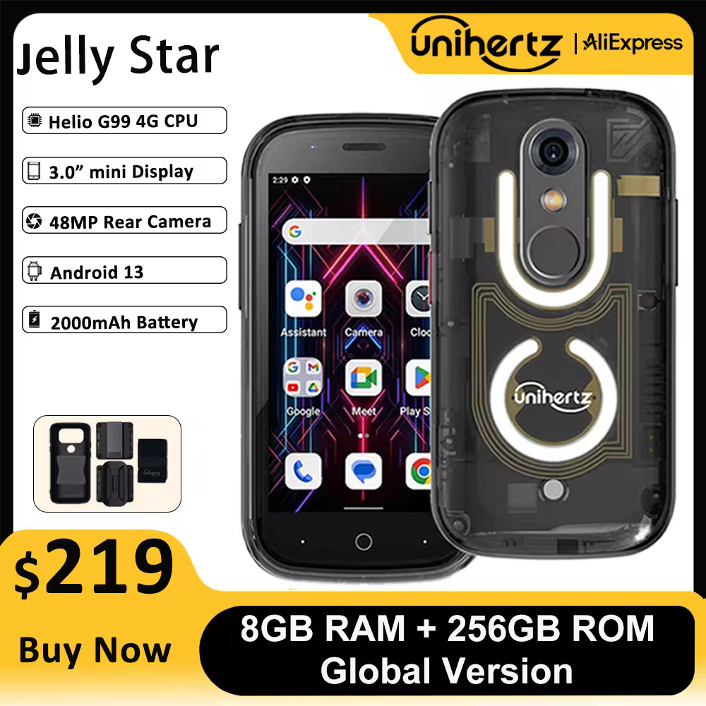 סמארטפון מיני Unihertz Jelly Star בנפח 8GB או 256GB עם תאורת LED, גב חשוף ושקוף לטלפון חילופי