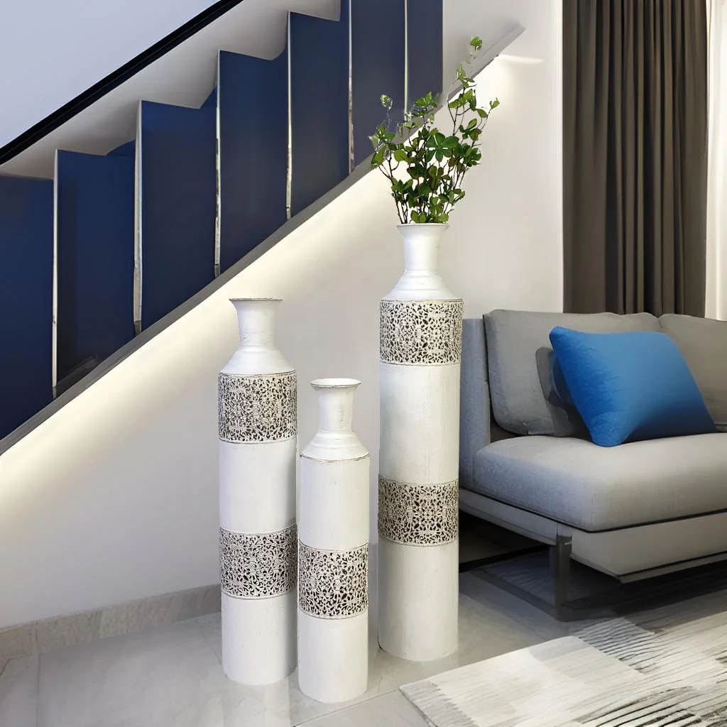 Decorative Vintage Extra Large Metal Flower Vase Set of 3 Big Floor Tall White Vases for Home Decor Living Room
