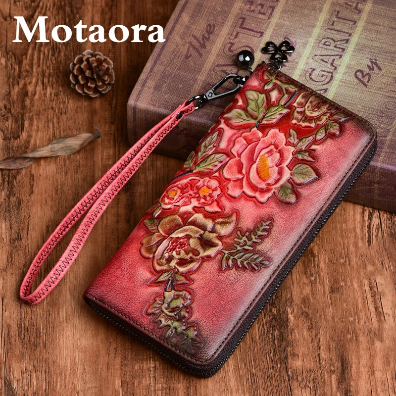 MOTAORA Vintage Wallet Women Genuine Leather Floral Clutch Retro Embossed Purses For Female New Multiple Cards Coin Holder Daily