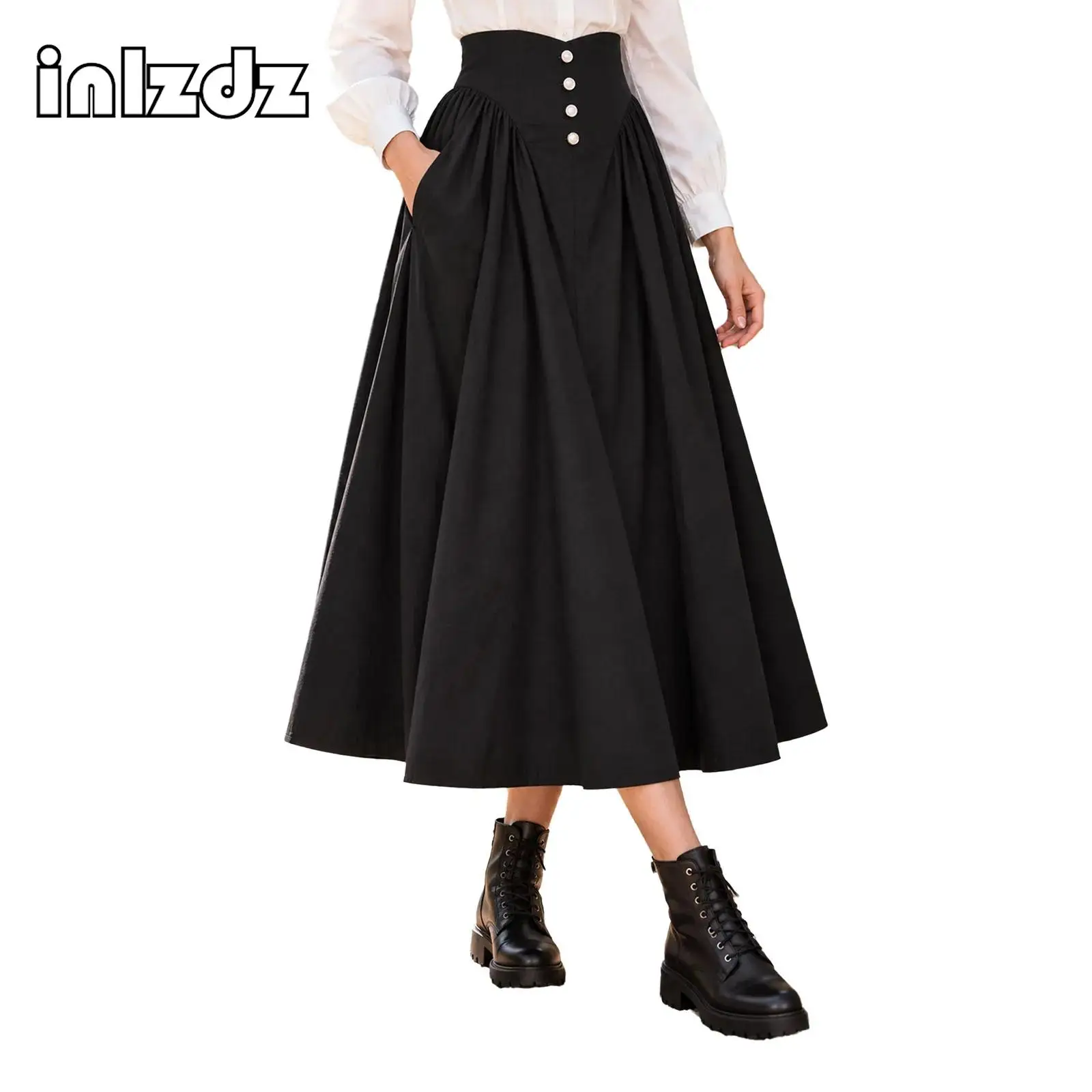 Women Retro Gothic Renaissance Ruffled Skirt High Waist Back Invisible Zipper A-line Skirt Halloween Theme Party Causal Clothes