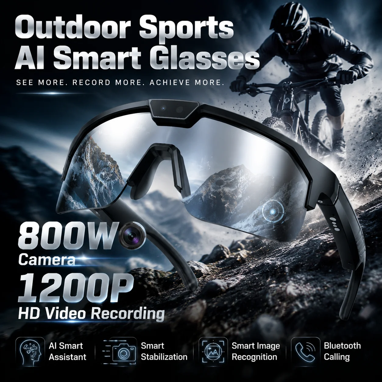 AI Camera Sports Glasses 8MP 1200P HD Video Dual Stabilization Wireless Sync Real-Time Translation Voice Wakeup Cycling Eyewear