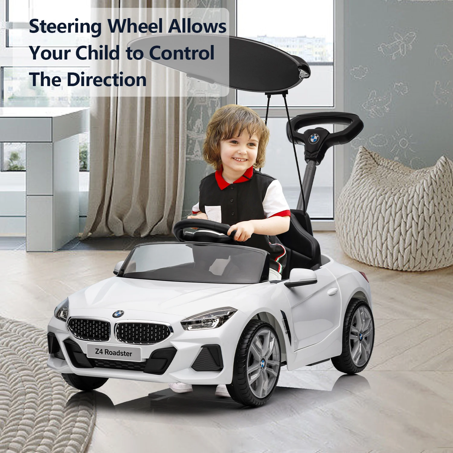 Push Ride-on Car for Toddlers 1-3, Licensed BMW Z4 Toddler Push Car with Canopy,Adjustable Push Rod,Horn,Music,Silent Wheel, Pus