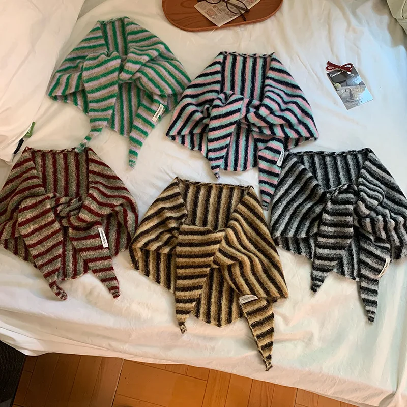 Striped Korean Ins Style Knitted Scarf Winter Ladies Japanese Wool Triangular Scarf Shawl Versatile Outdoor Jumper Accessories