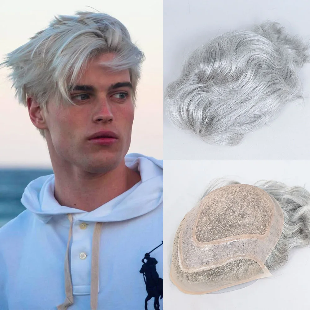 Toupet avant en dentelle pour hommes, système de cheveux humains, vague naturelle, Mono PU, pièce de cheveux, perruque masculine, prothèse capillaire 1B90