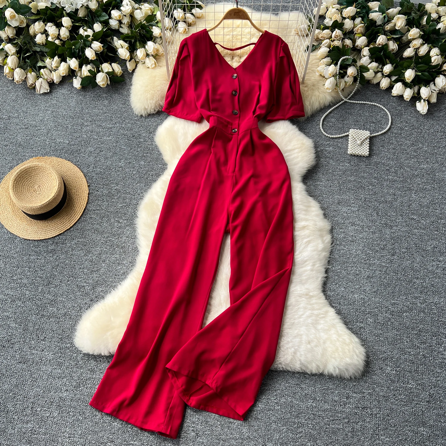 

Chic Vintage v neck puff sleeve print Top Jumpsuit Elegant High Waist Casual Wide Leg Pants Summer Women Playsuit