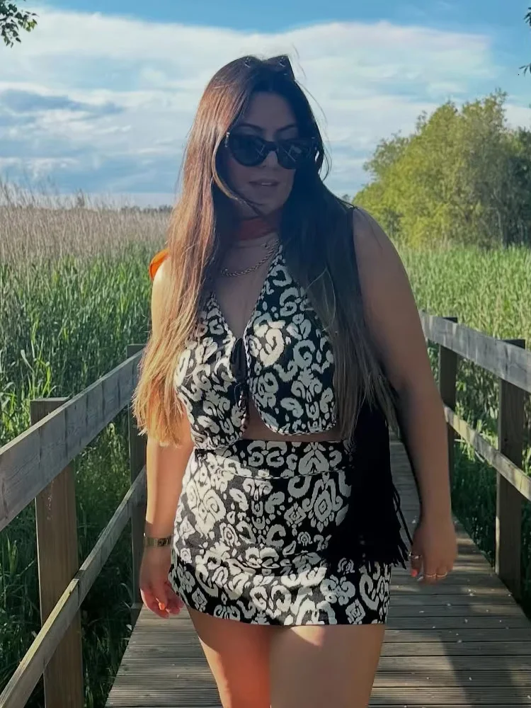 

HH Women Summer Popular ​​Printed V-Neck Sleeveless Waistcoat Top+Side Zipper Temperament Fashion Mini Culottes 2-Piece Set