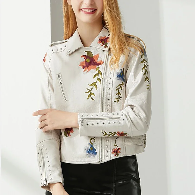 花柄刺繍フェイクソフトPUレザージャケット レディース 春秋冬 バイク用PUコート ブラック ホワイト パンク バイカー リベットポケット