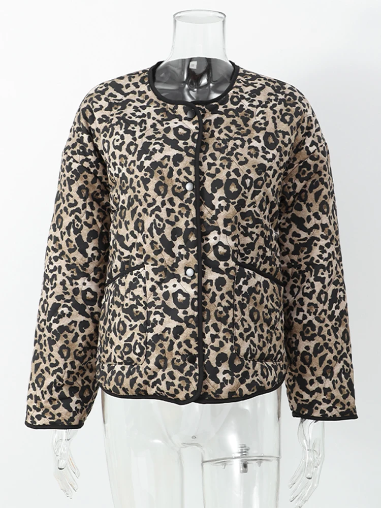 2024 Fashion Leopard Print Cotton Coat For Women Vintage O-neck Long Sleeves Pockets Jackets Fall Winter Lady Chic Warm Outwear