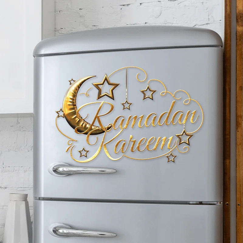 1 pçs ramadan dos desenhos animados ouro lua adesivo de parede auto-adesivo eid al adha muçulmano gurbang ramadan decoração para casa