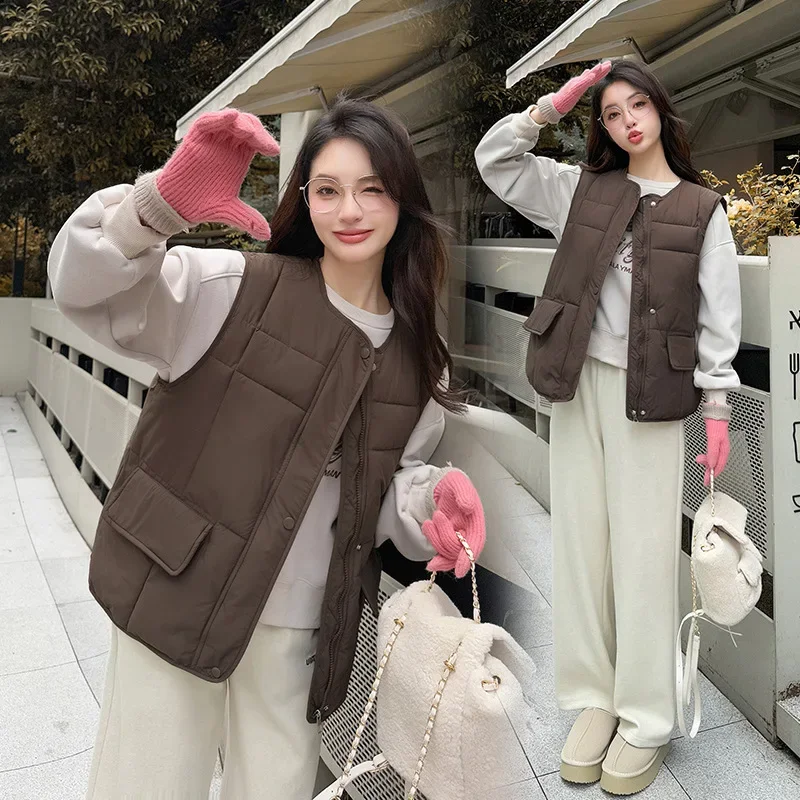 Winter katoenen vest effen patchwork mouwloze gewatteerde jas met enkele rij knopen voor dames vrijetijdsstijl