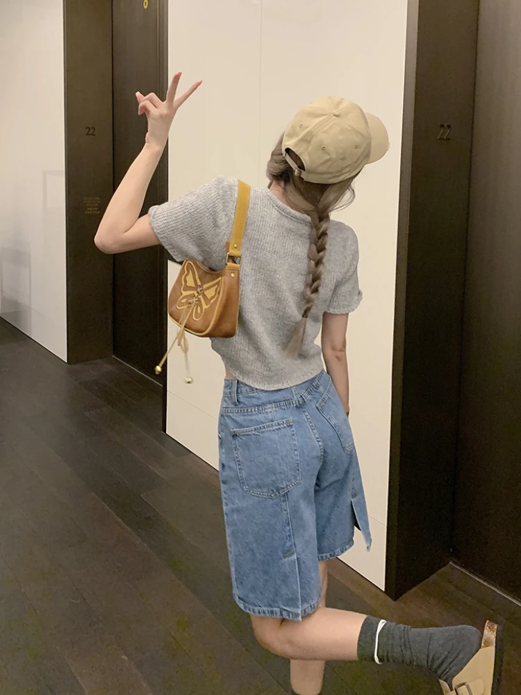 

Trendy Blue Classic Denim Shorts for Women 2024 Summer New Loose Wide Leg Pants Korean Chic Streetwear Stright Jeans