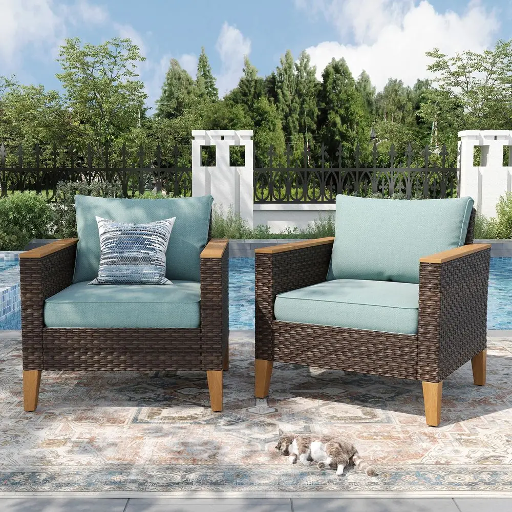 

Комплект из 2 плетеных диванов для патио, комплект диванов из ротанга с глубоким сиденьем для зоны у бассейна, сада, 2 одноместных дивана, аквамариновый цвет