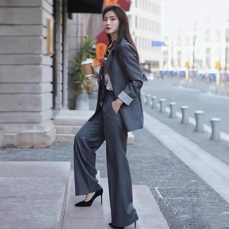 

Women's Spring/Summer Retro Casual Cropped Blazer Pant Set Commuter Solid Color Loose Single-breasted Suit Trouser Two-piece Set