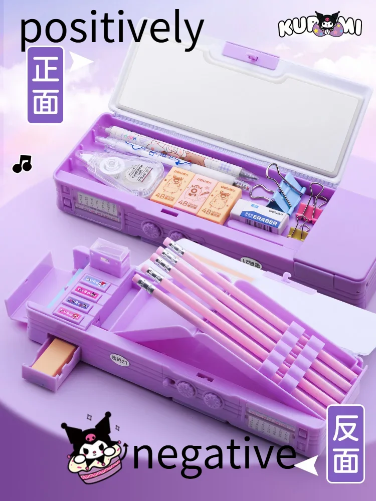 Sanrio Kuromi Melody Multi-functional Automatic Pen Case Combination Lock Pen Pouch Large Capacity Stationery Box Desktop Storag