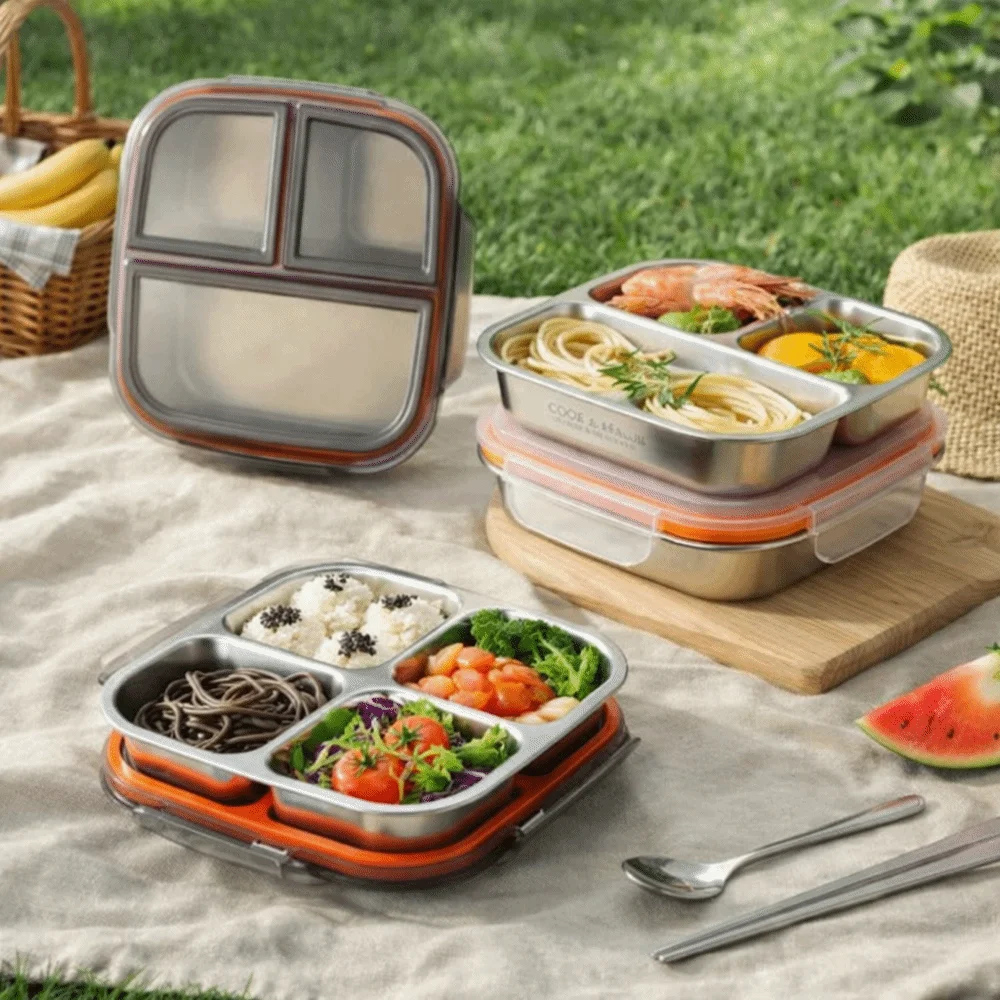 3/ 4 Grids Stainless Steel Lunch Box Leak Proof Reusable Food Container Sealed 600ml Capacity Student Meal Plate Child School