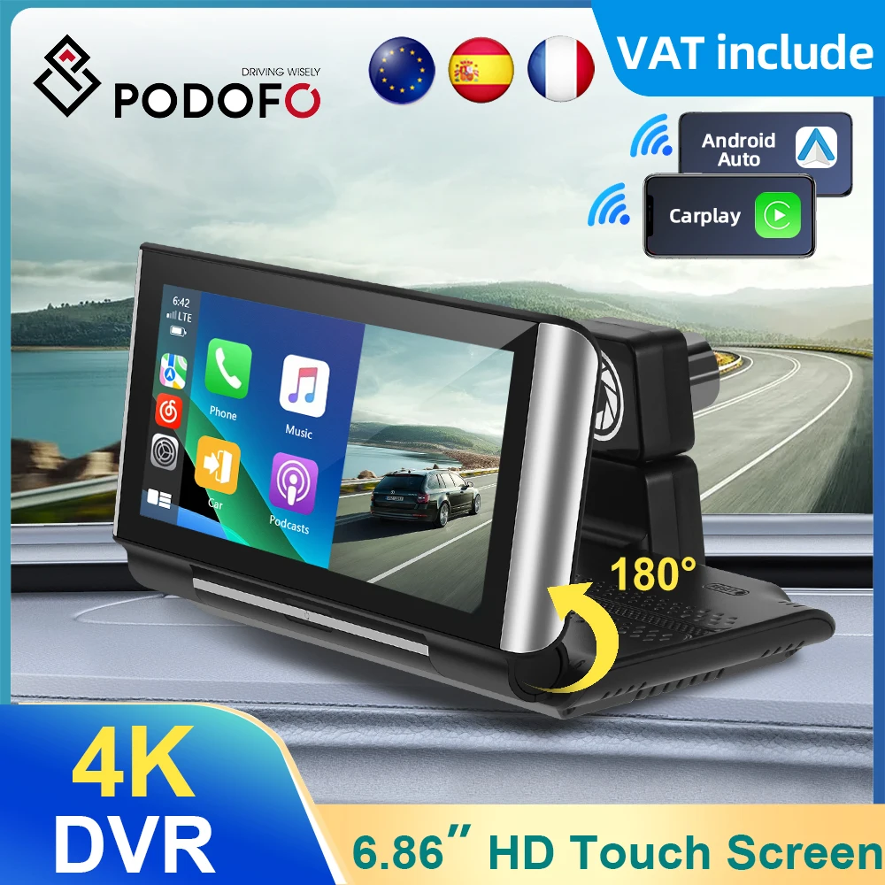 Podofo 6.86inch Car DVR Carplay Monitor 4K Dash Cam Monitor CarPlay Android Auto Apple Airplay Mirror Cast BT/FM/AUX Dashboard