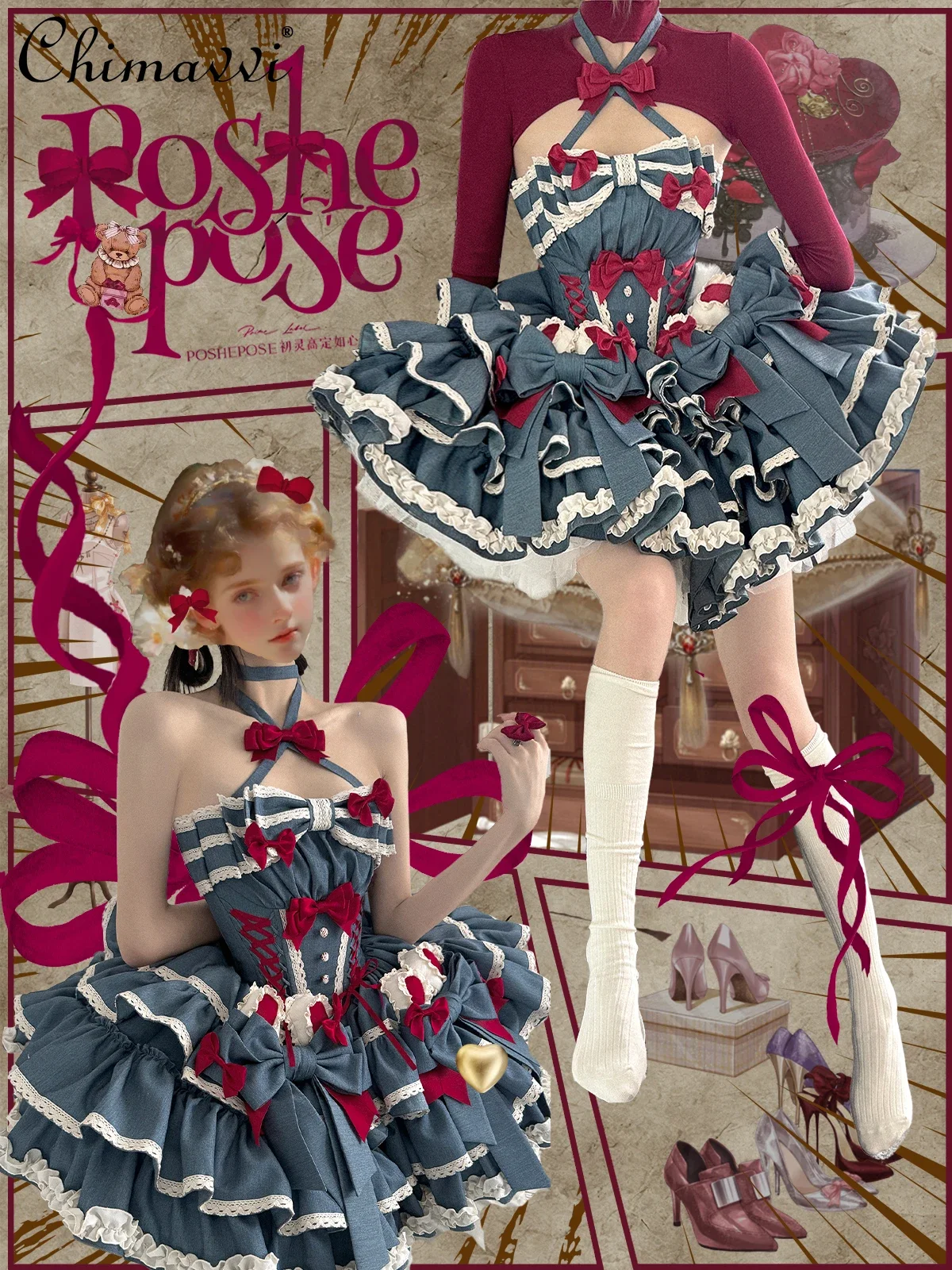 High-end Sweet Girl Lolita Dress 2025 Spring New Cute Bow Contrasting Color Lace Splicing Party Light Lo Elegant Dresses Women