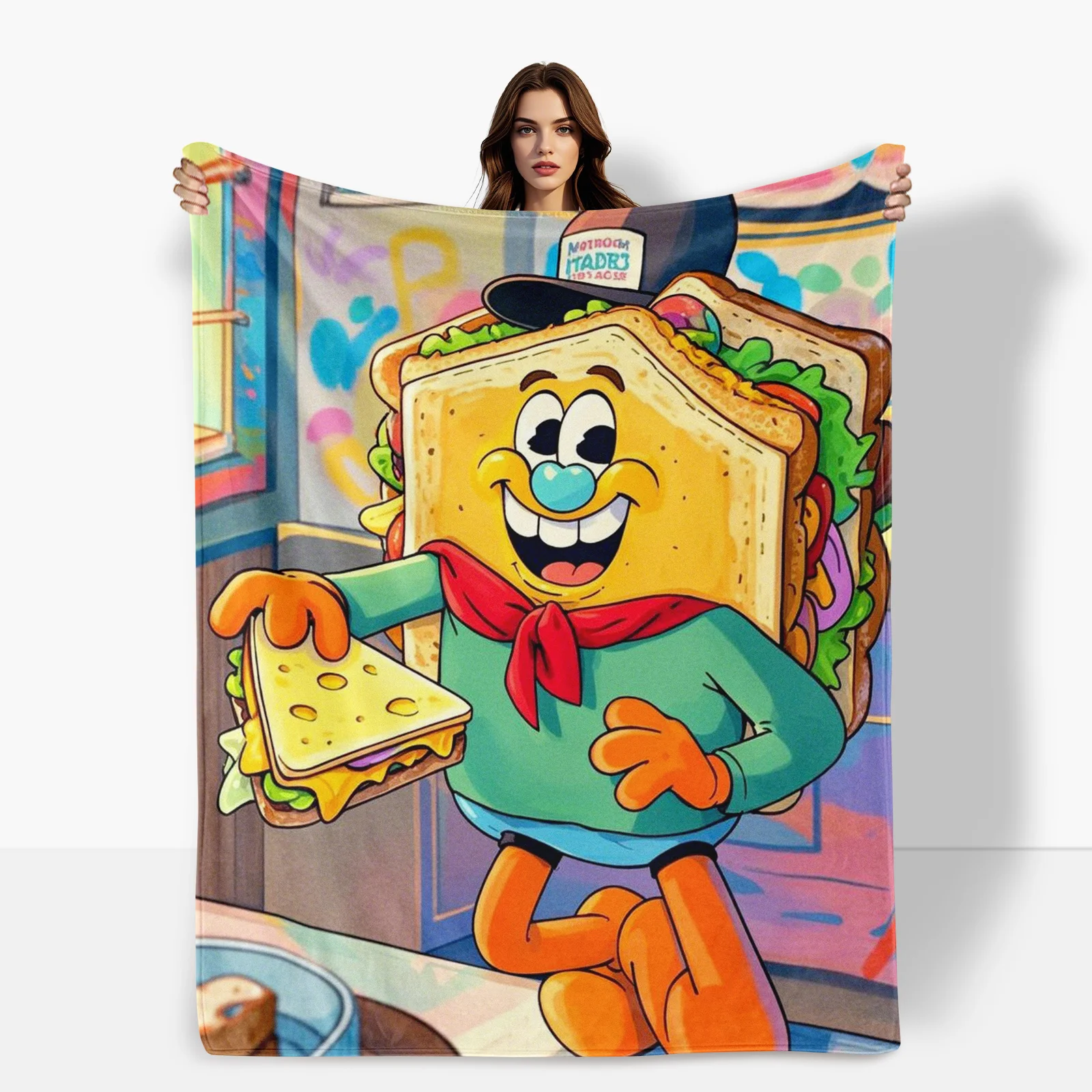 Cartoon Sandwich Hat And Clothing Themed Cozy Throw Blanket For Fun Lovers And Unique Home Decor Enthusiasts In Daily Use