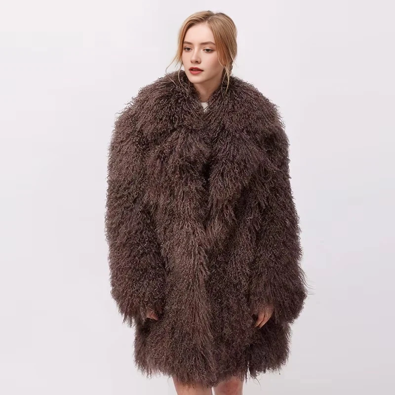 CNEGOVIK Women\'s Winter Lamb Fur Coat Mongolia Sheep Fur Coat Real Sheepskin Coat Luxury Brand Female Clothing Long Fur Jackets