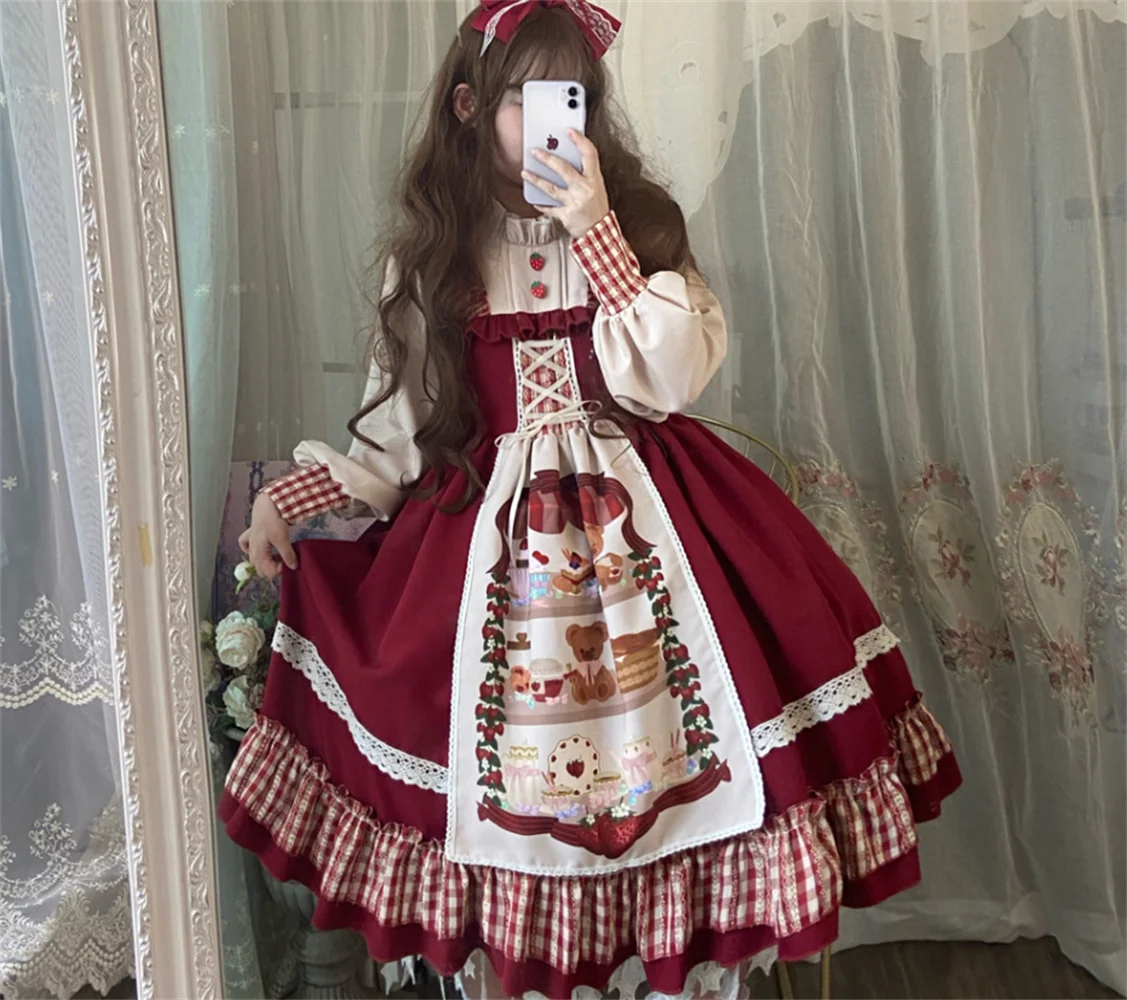 Princess Tea Party Sweet Lolita Dress Vintage Lace Bowknot High Waist Red  Dress Mori Girl Gothic Lolita Op Loli Cosplay Cos