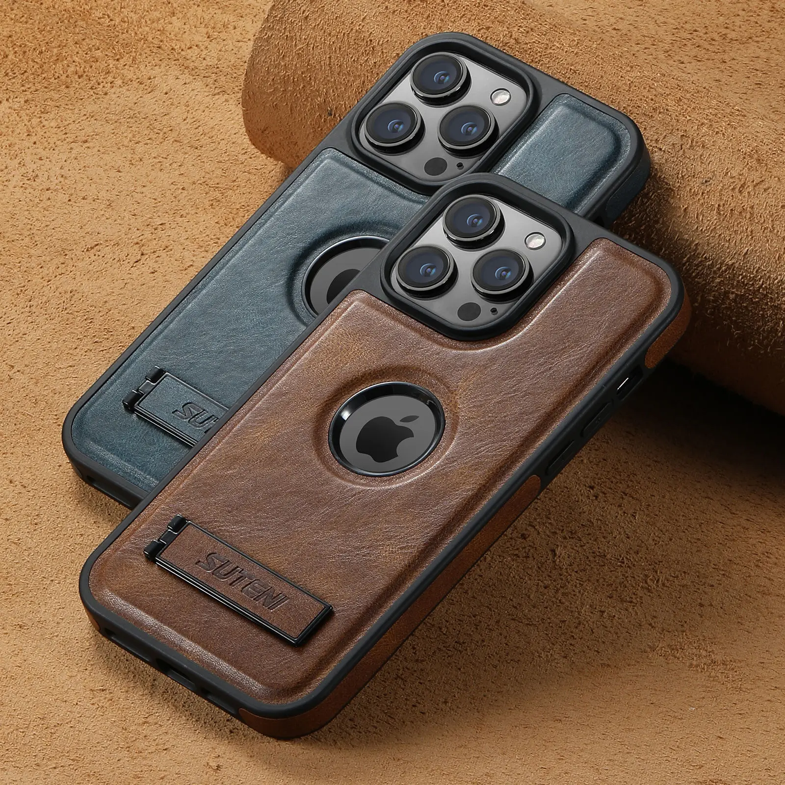 For iPhone 18 Pro 17 16 15 14 13 12 Pro Max Leather Case with Mag-safe Built-in Invisible Stand Protective Slim Kickstand Cover