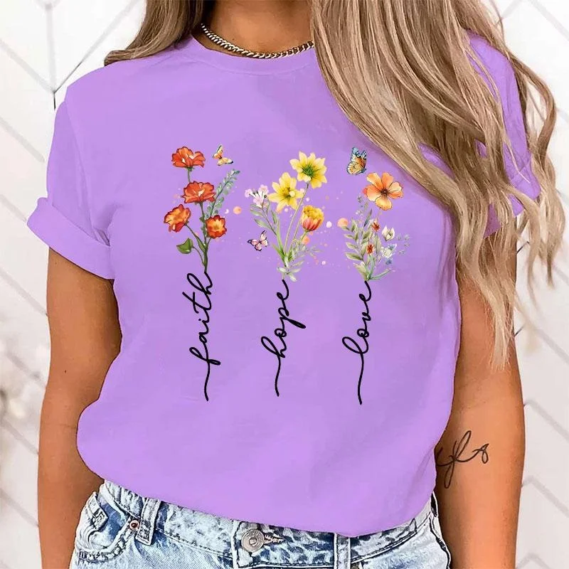 Women's Blouses Faith Hope Love Flower Letter Print T Shirt Women Summer Short Sleeve Fashion Summer Casual T-shirt