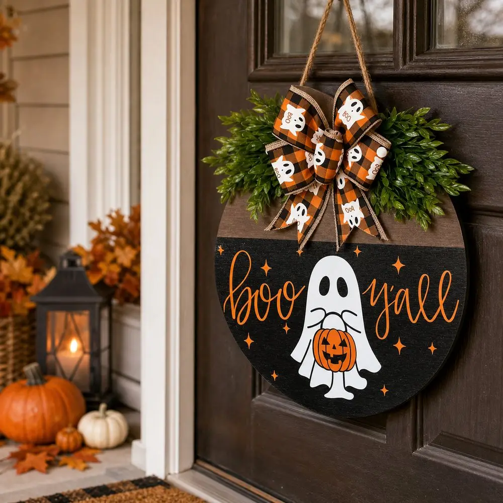 Ghost Wooden Hanging Door Sign 2D Flat Hanging Door Sign Wreath Welcome Theme Round Welcome Door Hanger