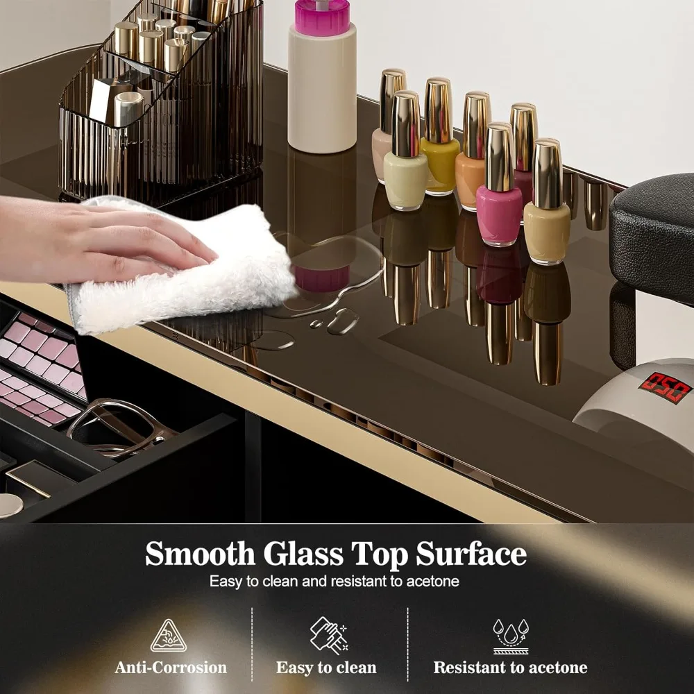 طاولة مانيكير لتقنية الأظافر، محطة مكتب أظافر زجاجية مع 4 أدراج وأرفف تخزين من طبقتين، محطة عمل صالونات التجميل #3