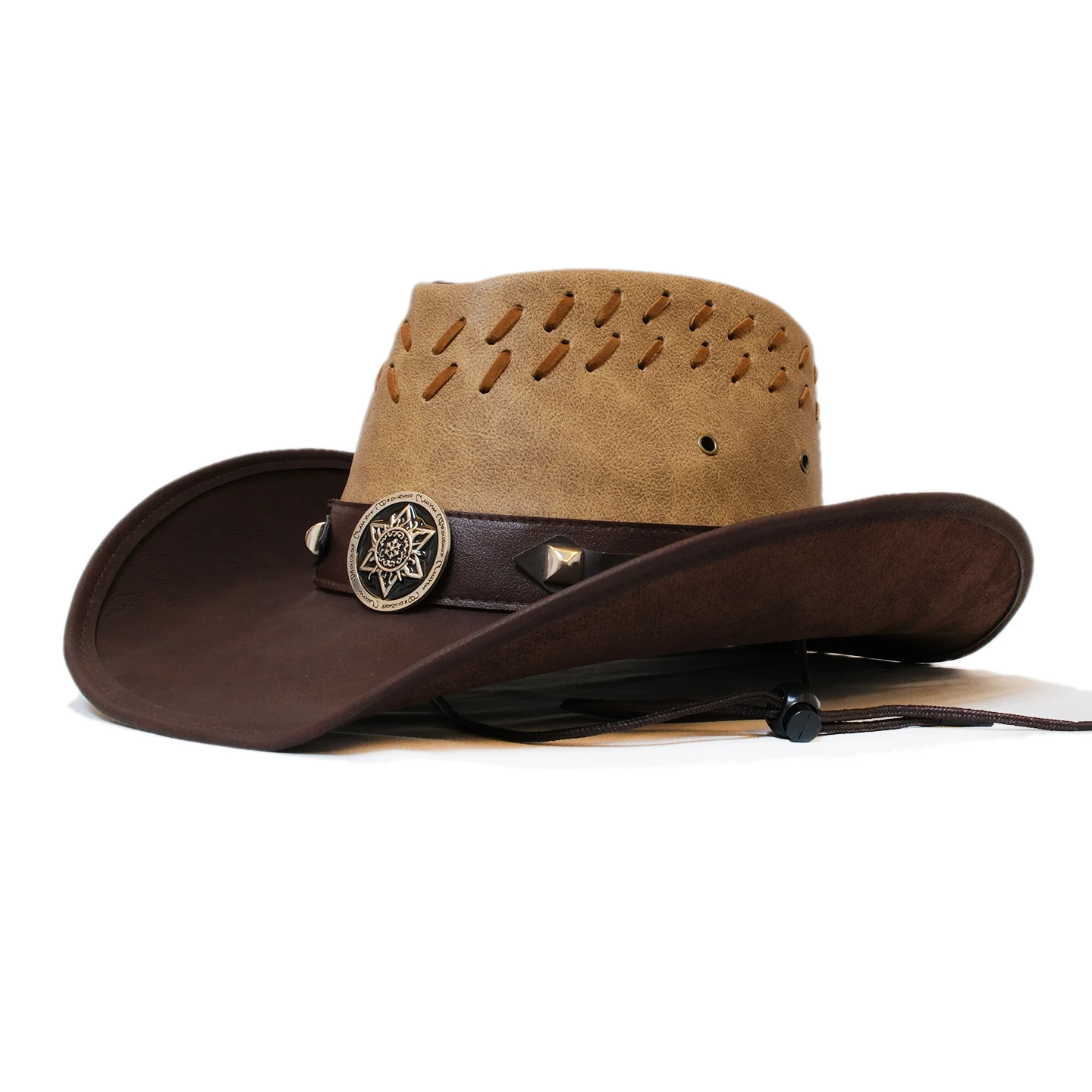 レトロバッジコーヒーレザーベルト女性男性puロールアップワイドブリムソンブレロサンキャップビーチカウボーイカウガールウエスタンハット調整