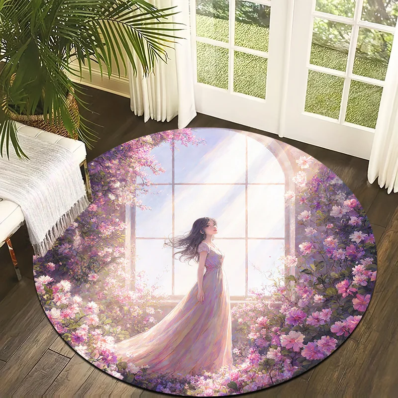 Purple romantic girl style Flannel-printed round floor mats are slip-resistant Suitable for room bedroom terrace garden carpets