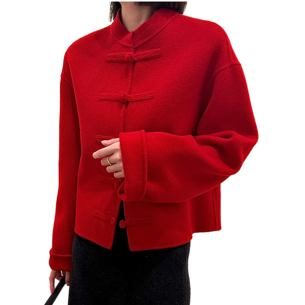 

Retro Chinese Style Buckle Reversible Cashmere Coat Women's Short 2023 Winter New Design Sense Woolen Coat