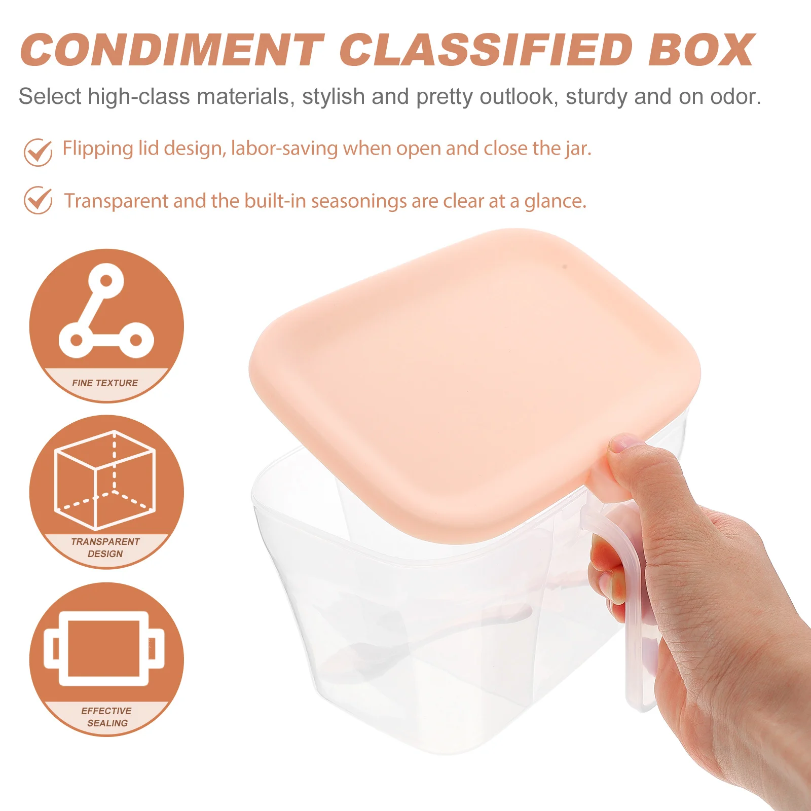 

Stylish Transparent Condiment Box Airtight Spice Container High-Class Material Good Toughness Hardness Easy Open Flip Lid Design