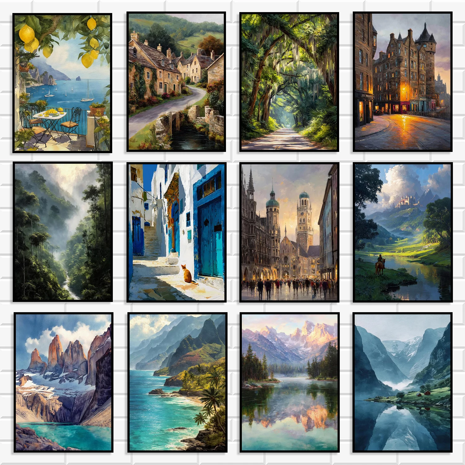 Vintage European Countryside Landscape Canvas Wall Art Mediterranean Coastal Mountain Forest Town Oil Painting Print Home Decor