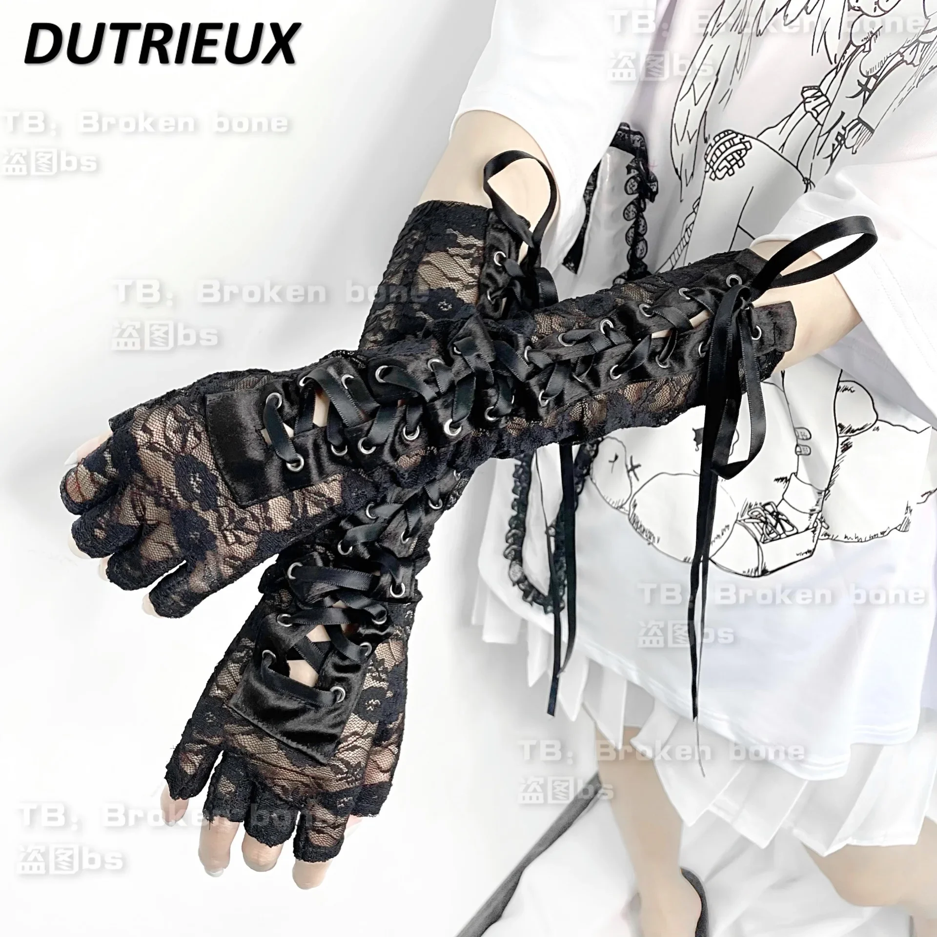 Japanese Gothic Lace Dark Strap Sunscreen Oversleeves Sweet Girls Elastic Pleated Lace-up Half Tube Thin Hand Sleeves Gloves