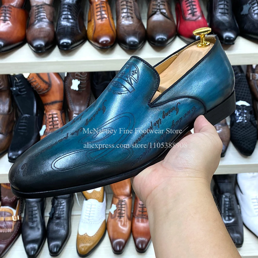 Blue Gradient Script Engraved Leather Loafers Men Round Toe Slip on Classic Formal Shoes Business Wedding Dress Shoes for Men