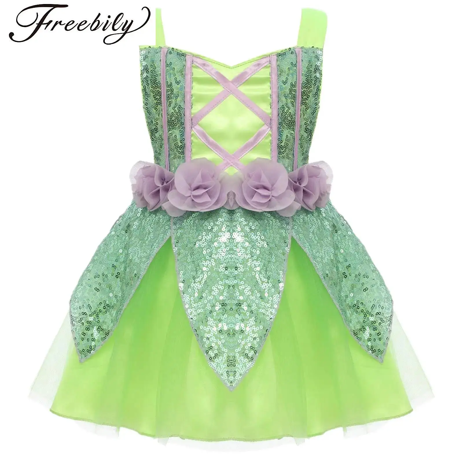 

Toddler Girl Halloween Fairy Costume Sequin Cami Dress Open Back Flowers Tulle Dress Girls Elves Princess Cosplay Birthday Party
