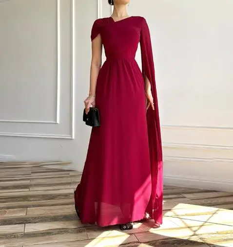 Verão cor sólida pescoço inclinado design de capa de ombro único com cintura cinched vestido evasê, vestido elegante e fino