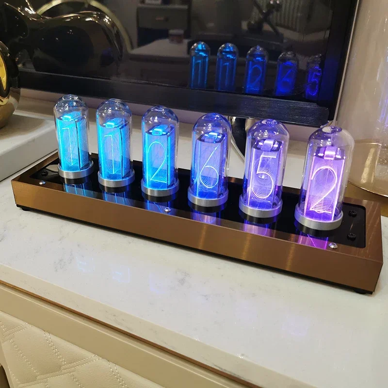 RGB Nixie Tube Clock Digital Led Clock Luxury Metal Vacuum Tube Watch Light Gold Desktop Clocks Lamp Vintage Home Decoration