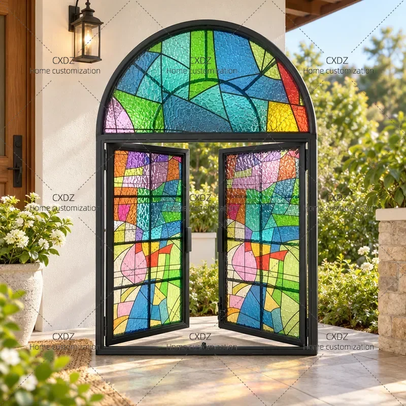 Custom Arched Stained Glass Steel Casement Window for Living Room Bedroom Partition French Style Old Steel Look Rural House
