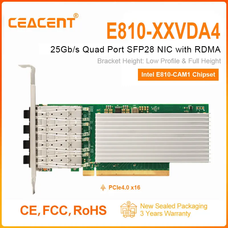 Intel E810-CAM1 Chipset E810-XXVDA4 4-Port SFP28 25Gb/s Ethernet Adapter, 4x 25GbE NIC with RDMA, Low Profile & Full Seight