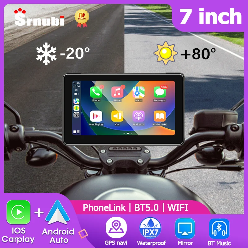 

7 Inch Portable Motorcycle Car Play Screen Dash Cam GPS LCD Display IPX7 Waterproof Monitor Wireless Apple CarPlay Android Auto