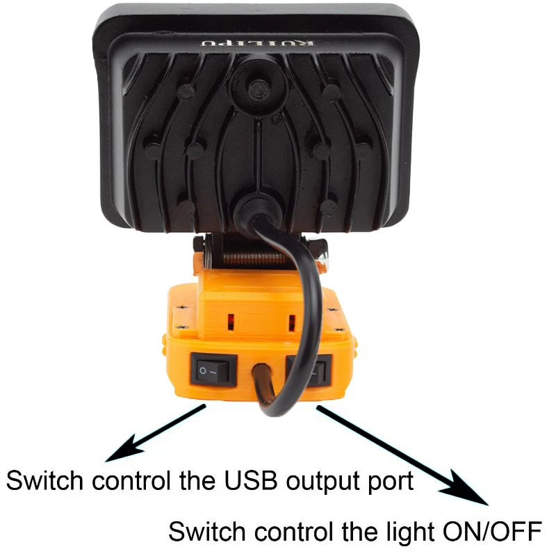 Luz LED de trabajo para Worx, luz de un solo cabezal con interfaz de carga rápida USB, portátil, 20V, 6 pines, batería de iones de litio