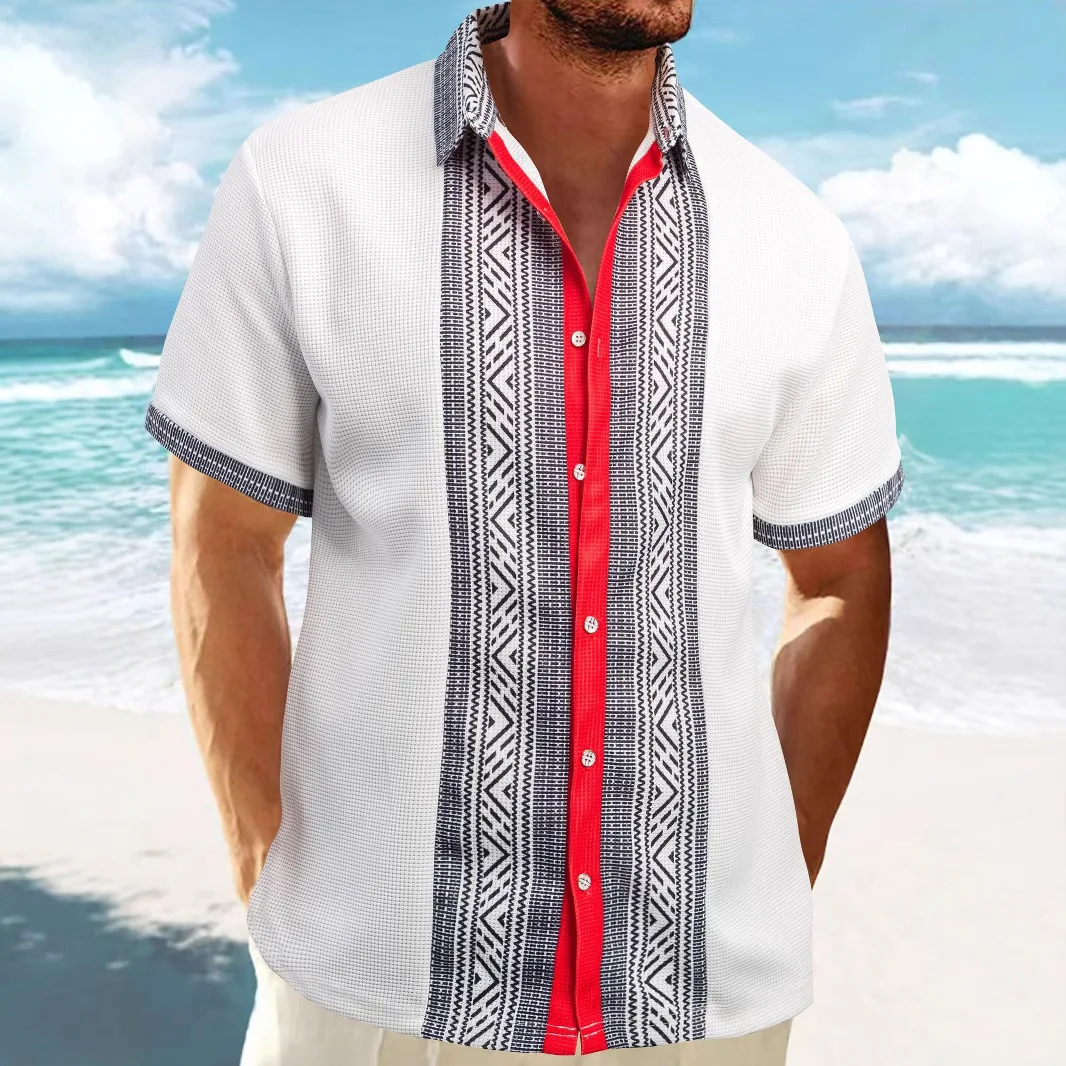 2025 Men's fashion Social Beach style short sleeve shirt Summer Totem style Breathable holiday casual shirt Striped street top