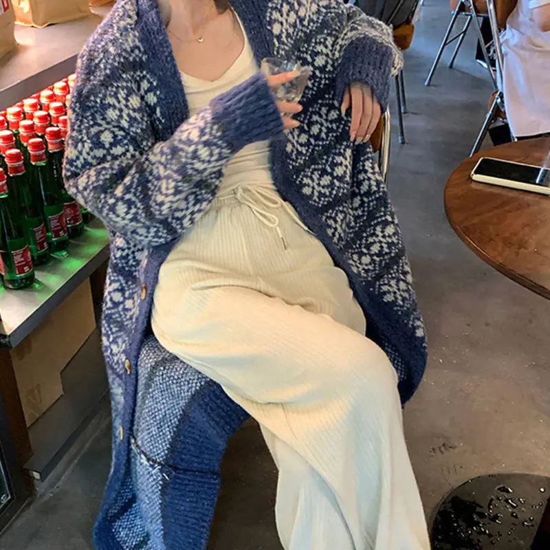 Western Style Ethnic Style Long Sweater Loose and Lazy Cardigan Jacket Women's Jacquard Contrasting Color Knitted Sweater