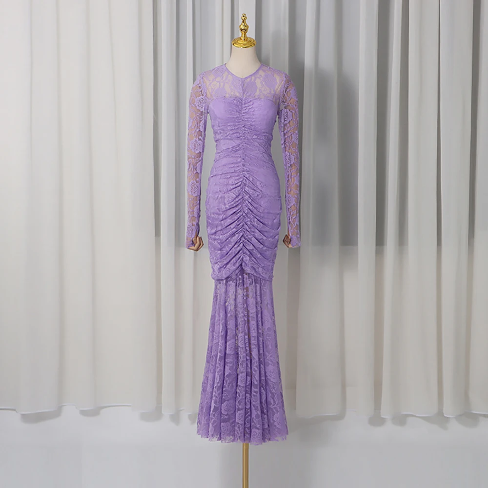 

Evening Gown Dress for Women, Pleated Waist-cinching Slimming Fit Round Neck Long Sleeve Dress 2026 Spring New Arrival Y2K Style